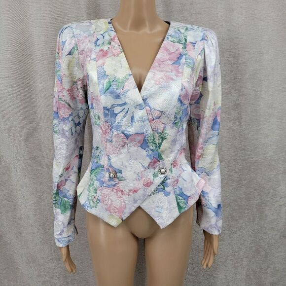 Ann Hobbs Vintage 80s Pastel Floral Tapestry Hourglass Peplum Blazer - Picture 3 of 15